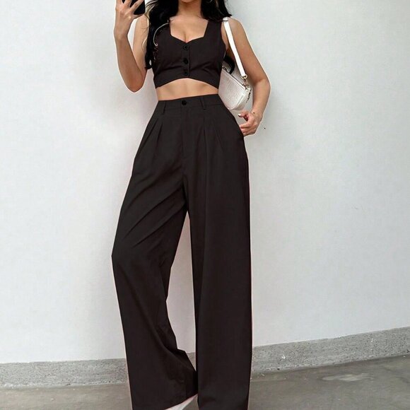 Black Casual Women's Asymmetric Hem Sweetheart Neck Sleeveless Top & Pants Set - Picture 3 of 5